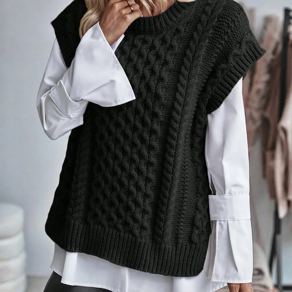Black Casual Women's Cable Knitted Sleeveless Sweater Vest